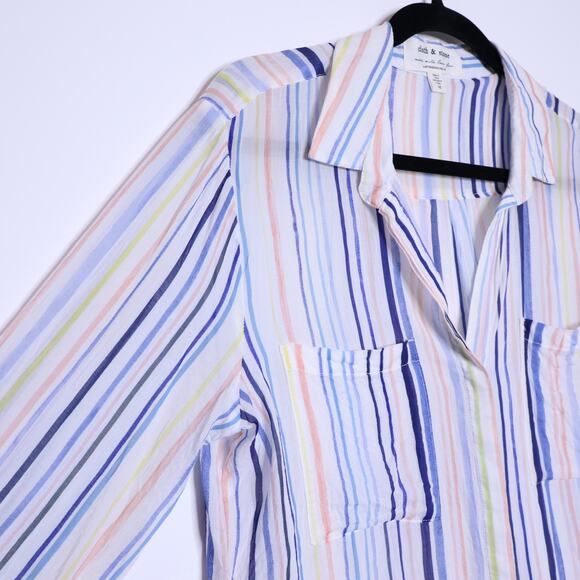 CLOTH & STONE Button Down Stripes Blouse Blue Lightweight Casual Women's M - Picture 6 of 14